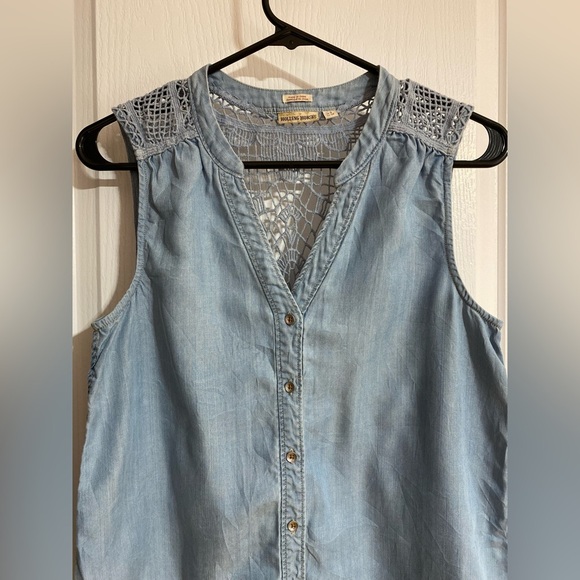 Anthropologie Holding Horses Chambray Crochet Buttoned Sleeveless Blue Top Size4 - Picture 4 of 15